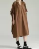 Drawstring Falbala Pleated Solid Color Batwing Sleeves Loose V-Neck Shirt Dress Midi Dresses