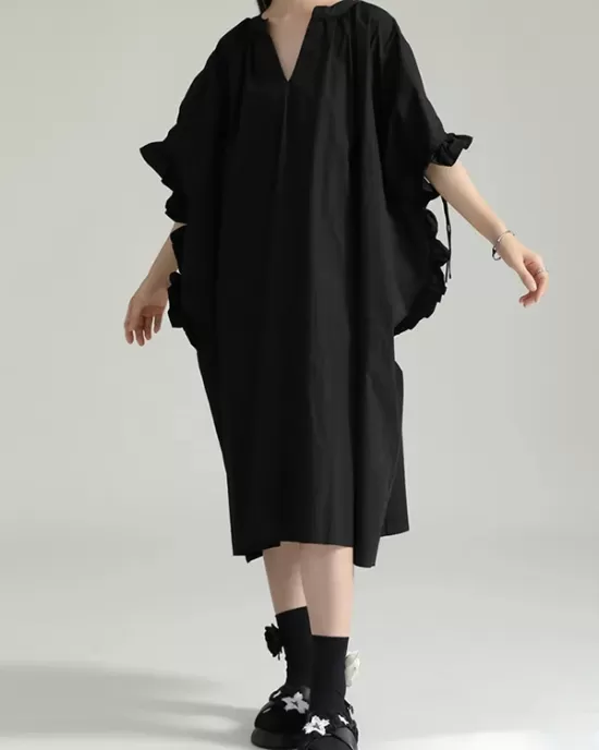 Drawstring Falbala Pleated Solid Color Batwing Sleeves Loose V-Neck Shirt Dress Midi Dresses