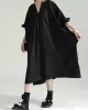 Drawstring Falbala Pleated Solid Color Batwing Sleeves Loose V-Neck Shirt Dress Midi Dresses