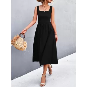 Pleated Solid Color Split-Joint High Waisted Sleeveless U-Neck Midi Dresses