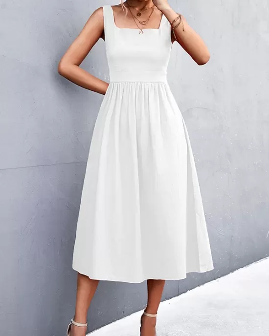 Pleated Solid Color Split-Joint High Waisted Sleeveless U-Neck Midi Dresses