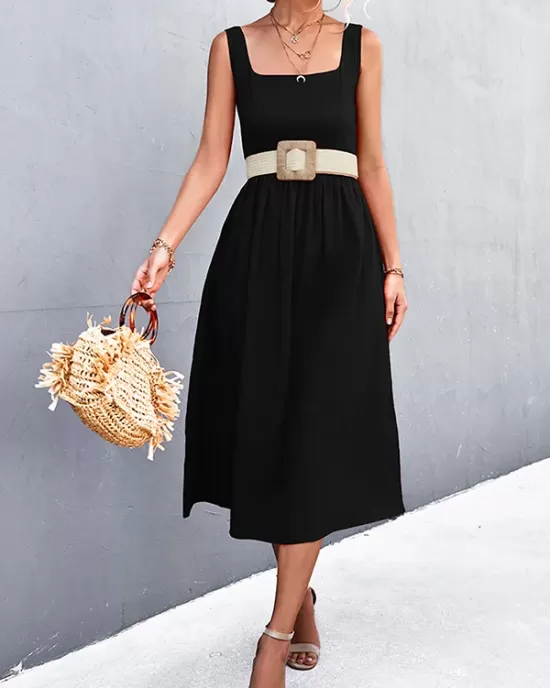 Pleated Solid Color Split-Joint High Waisted Sleeveless U-Neck Midi Dresses