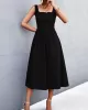 Pleated Solid Color Split-Joint High Waisted Sleeveless U-Neck Midi Dresses