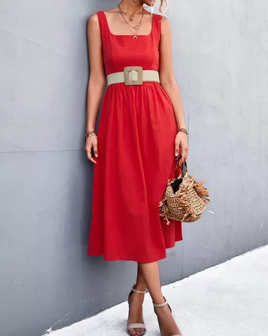 Pleated Solid Color Split-Joint High Waisted Sleeveless U-Neck Midi Dresses