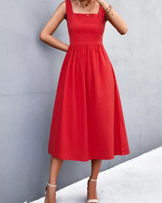 Pleated Solid Color Split-Joint High Waisted Sleeveless U-Neck Midi Dresses