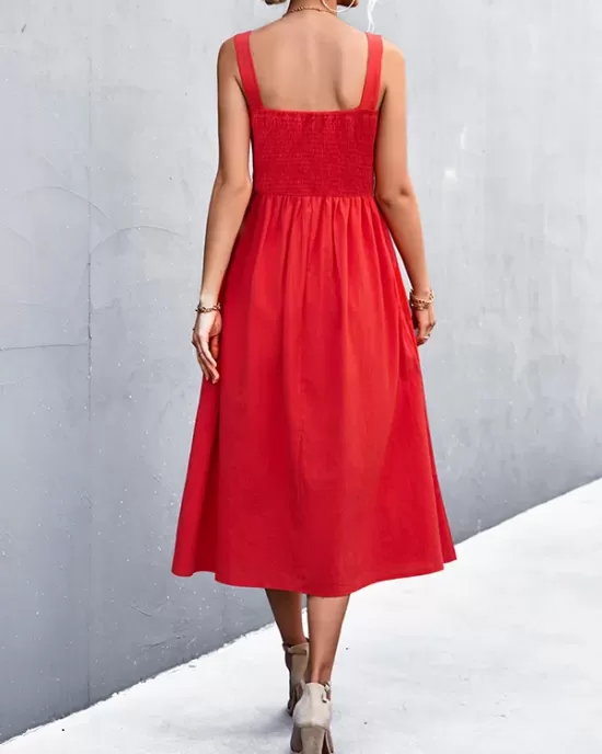 Pleated Solid Color Split-Joint High Waisted Sleeveless U-Neck Midi Dresses