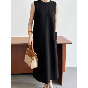 Solid Color Loose Sleeveless Round-Neck Midi Dresses