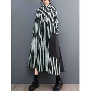 Buttoned Split-Joint Striped Long Sleeves Loose Mock Neck Midi Dresses