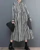 Buttoned Split-Joint Striped Long Sleeves Loose Mock Neck Midi Dresses