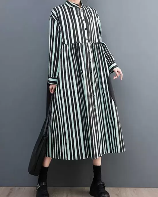 Buttoned Split-Joint Striped Long Sleeves Loose Mock Neck Midi Dresses