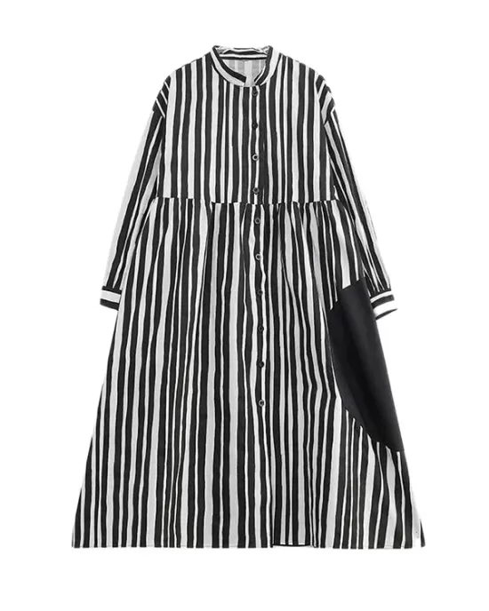 Buttoned Split-Joint Striped Long Sleeves Loose Mock Neck Midi Dresses