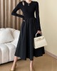 Elasticity Hollow Solid Color Split-Joint A-Line Long Sleeves Round-Neck Midi Dresses