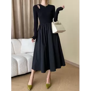 Elasticity Hollow Solid Color Split-Joint A-Line Long Sleeves Round-Neck Midi Dresses