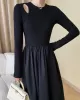 Elasticity Hollow Solid Color Split-Joint A-Line Long Sleeves Round-Neck Midi Dresses