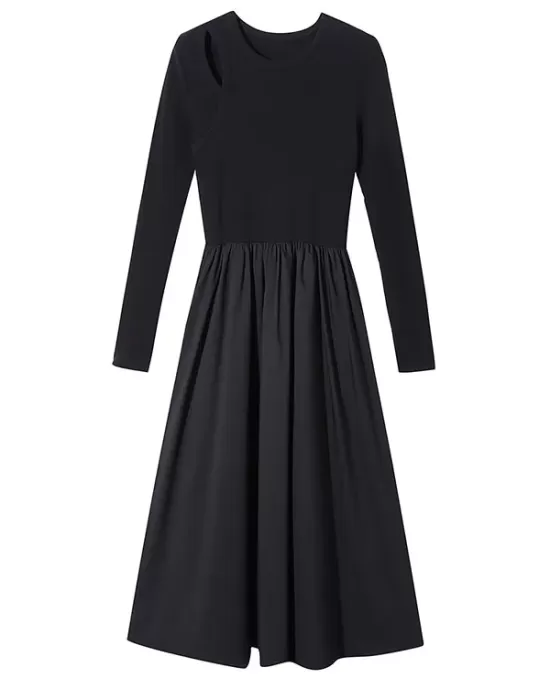 Elasticity Hollow Solid Color Split-Joint A-Line Long Sleeves Round-Neck Midi Dresses