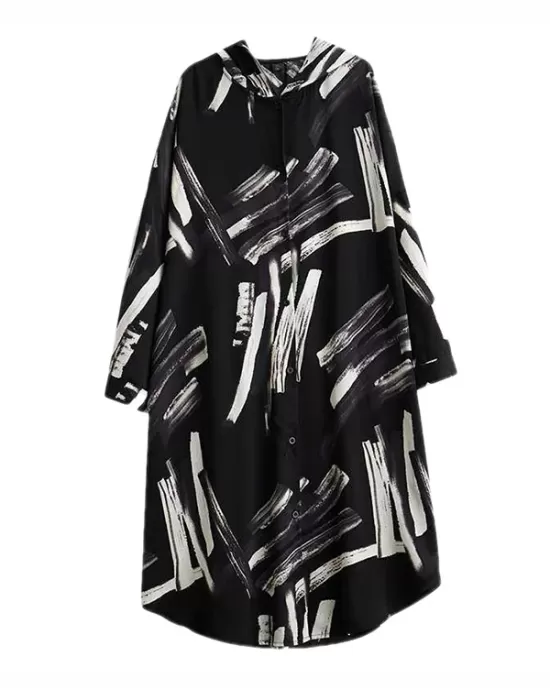 Buttoned Hooded Printed Long Sleeves Loose Outerwear Midi Dresses