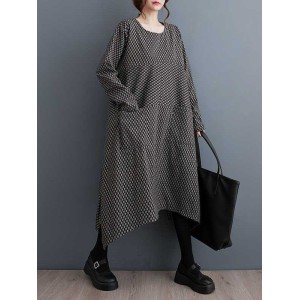 Pockets Printed Split-Joint Split-Side Long Sleeves Loose Round-Neck Midi Dresses