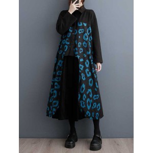 Buttoned Pleated Printed Split-Joint Long Sleeves Loose Lapel Midi Dresses