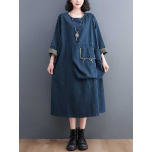 Fringed Pockets Split-Joint A-Line Long Sleeves Round-Neck Midi Dresses