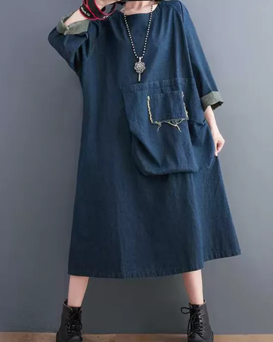 Fringed Pockets Split-Joint A-Line Long Sleeves Round-Neck Midi Dresses