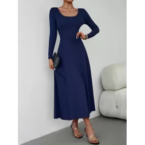 Solid Color Tied Waist A-Line High Waisted U-Neck Midi Dresses