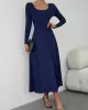 Solid Color Tied Waist A-Line High Waisted U-Neck Midi Dresses