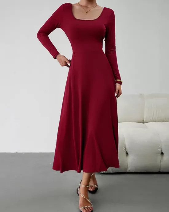 Solid Color Tied Waist A-Line High Waisted U-Neck Midi Dresses