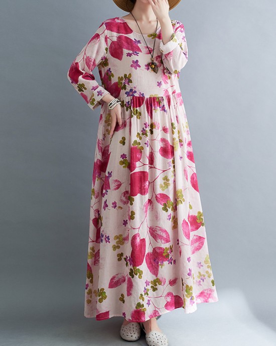 Flower Print Split-Joint Long Sleeves Loose Round-Neck Midi Dresses