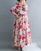 Flower Print Split-Joint Long Sleeves Loose Round-Neck Midi Dresses