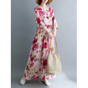 Flower Print Split-Joint Long Sleeves Loose Round-Neck Midi Dresses