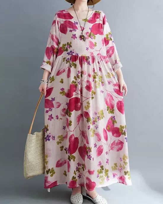 Flower Print Split-Joint Long Sleeves Loose Round-Neck Midi Dresses