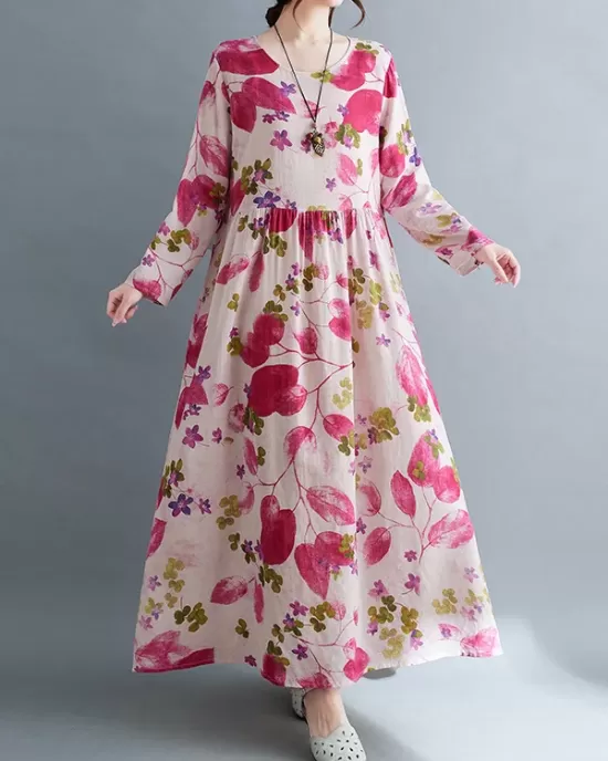 Flower Print Split-Joint Long Sleeves Loose Round-Neck Midi Dresses