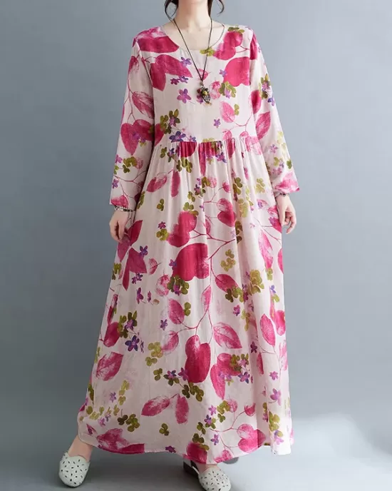 Flower Print Split-Joint Long Sleeves Loose Round-Neck Midi Dresses