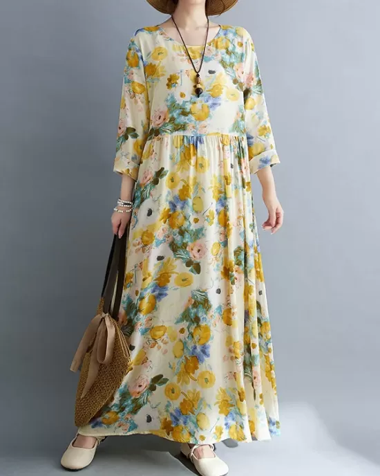 Flower Print Split-Joint Long Sleeves Loose Round-Neck Midi Dresses