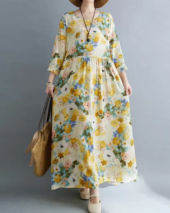 Flower Print Split-Joint Long Sleeves Loose Round-Neck Midi Dresses