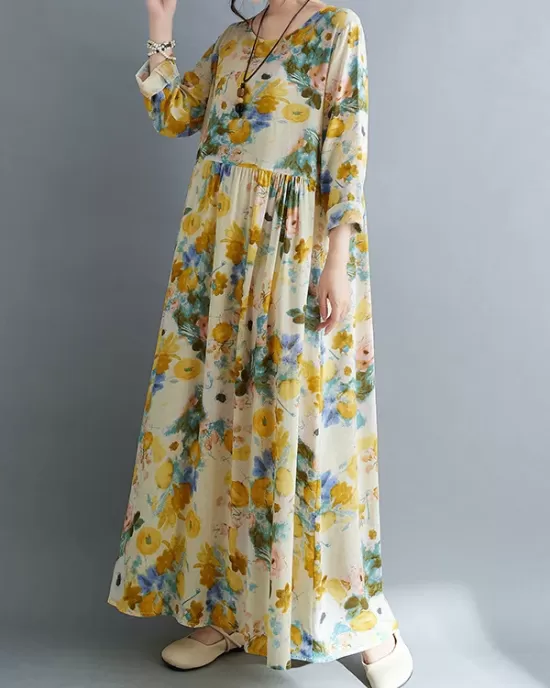 Flower Print Split-Joint Long Sleeves Loose Round-Neck Midi Dresses