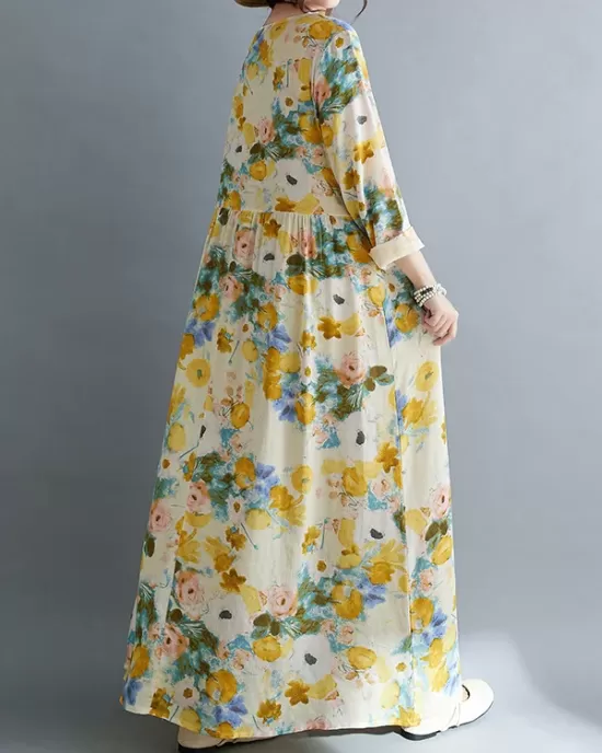 Flower Print Split-Joint Long Sleeves Loose Round-Neck Midi Dresses