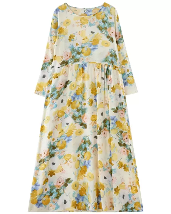 Flower Print Split-Joint Long Sleeves Loose Round-Neck Midi Dresses