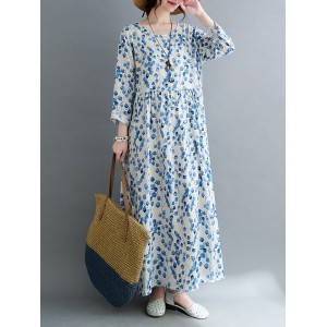 Flower Print Split-Joint Long Sleeves Loose Round-Neck Midi Dresses