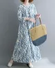 Flower Print Split-Joint Long Sleeves Loose Round-Neck Midi Dresses