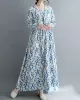 Flower Print Split-Joint Long Sleeves Loose Round-Neck Midi Dresses