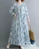 Flower Print Split-Joint Long Sleeves Loose Round-Neck Midi Dresses