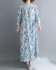 Flower Print Split-Joint Long Sleeves Loose Round-Neck Midi Dresses