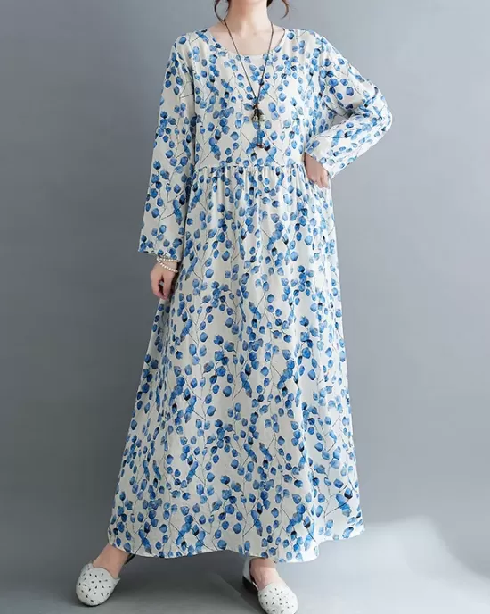 Flower Print Split-Joint Long Sleeves Loose Round-Neck Midi Dresses