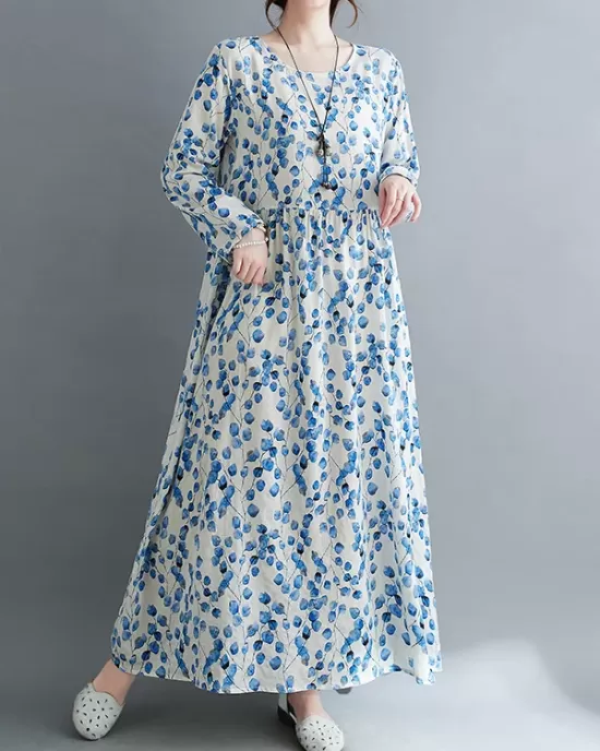 Flower Print Split-Joint Long Sleeves Loose Round-Neck Midi Dresses