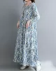 Flower Print Split-Joint Long Sleeves Loose Round-Neck Midi Dresses