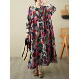 Flower Print Pockets Split-Joint Long Sleeves Loose Round-Neck Midi Dresses