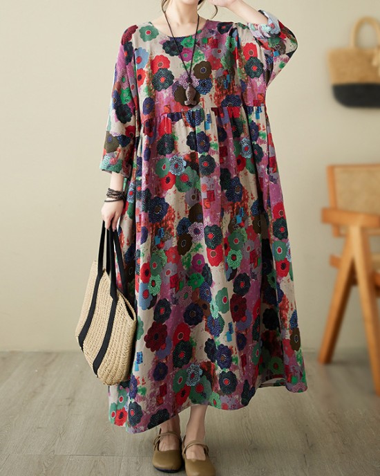 Flower Print Pockets Split-Joint Long Sleeves Loose Round-Neck Midi Dresses