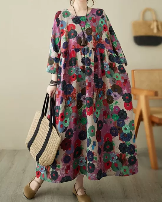 Flower Print Pockets Split-Joint Long Sleeves Loose Round-Neck Midi Dresses