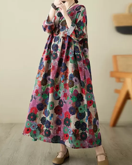 Flower Print Pockets Split-Joint Long Sleeves Loose Round-Neck Midi Dresses